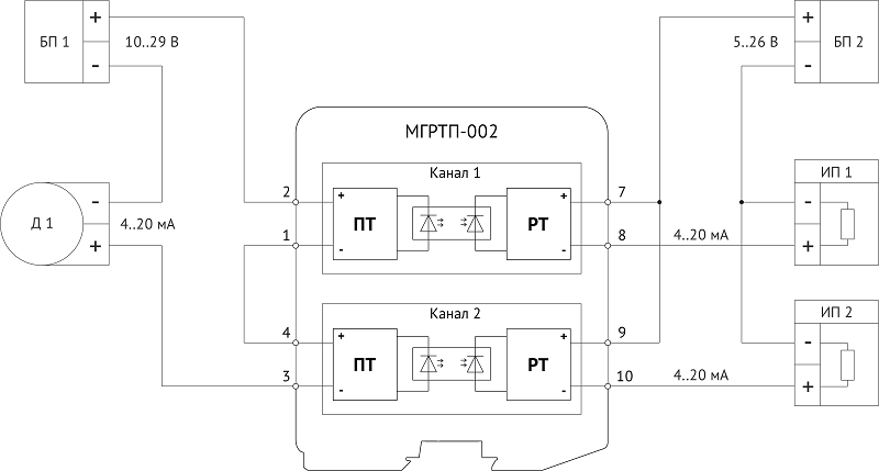 МГРТП-002 Схема подключения модулей с разветвлением сигнала от одного датчика