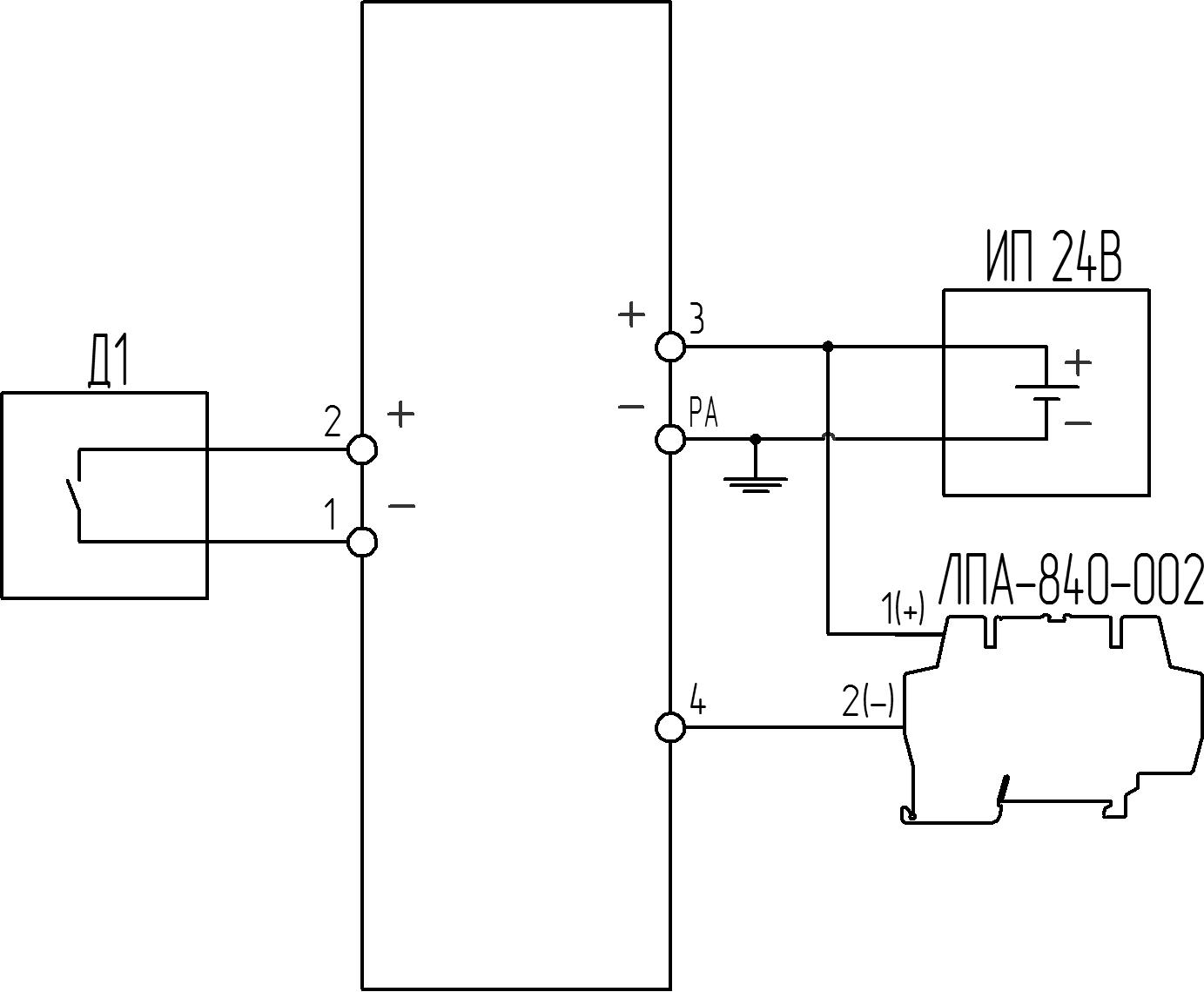 БИ-007 Схема подключения датчика «сухой контакт» и модуля ЛПА-840-002