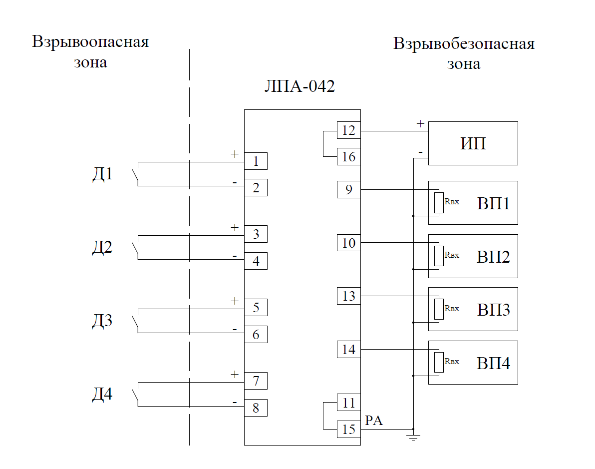 ЛПА-042-40x Схема подключения  к датчику типа "сухой контакт"