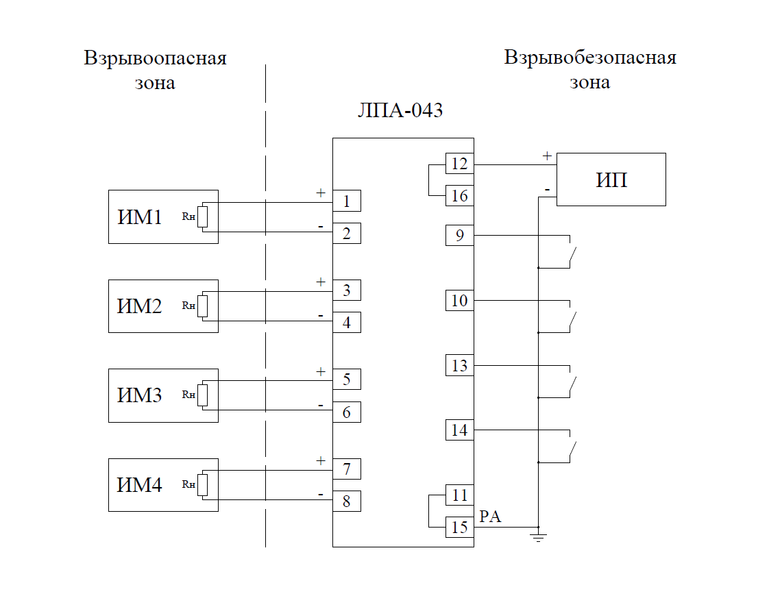 ЛПА-043 Схема подключения для управления дискретным устройством во взрывоопасной зоне