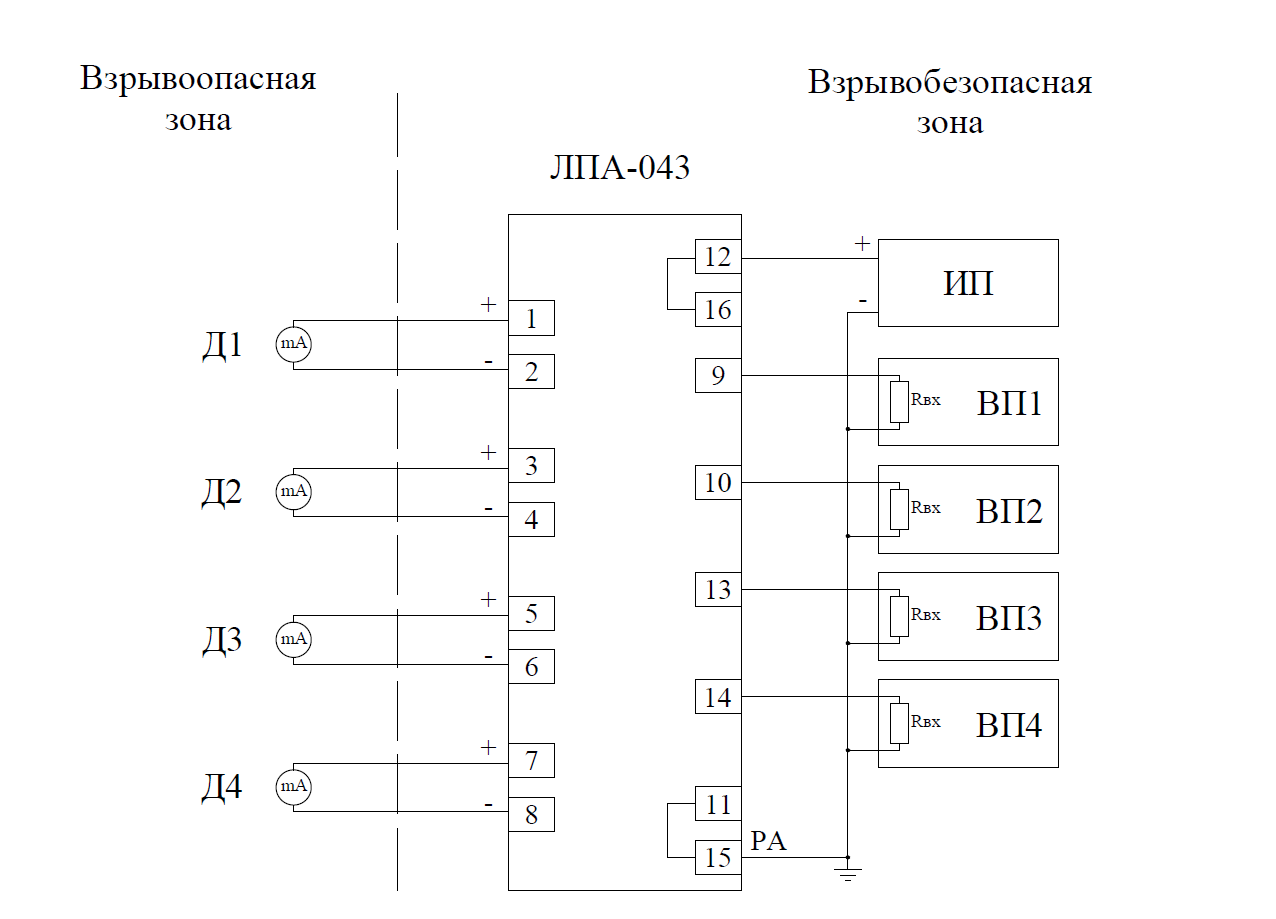 ЛПА-043 Схема подключения к пассивному токовому датчику по двухпроводной схеме