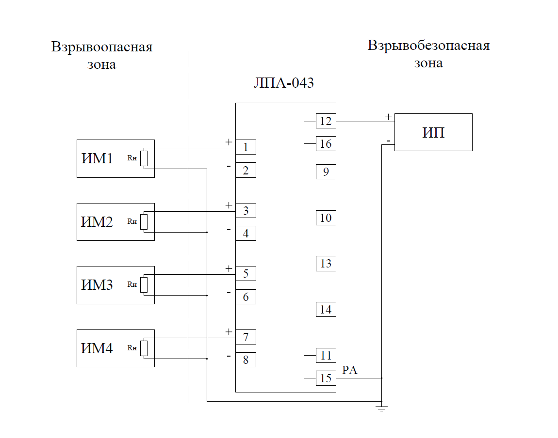 ЛПА-043 Схема подключения для питания устройств во взрывоопасной зоне