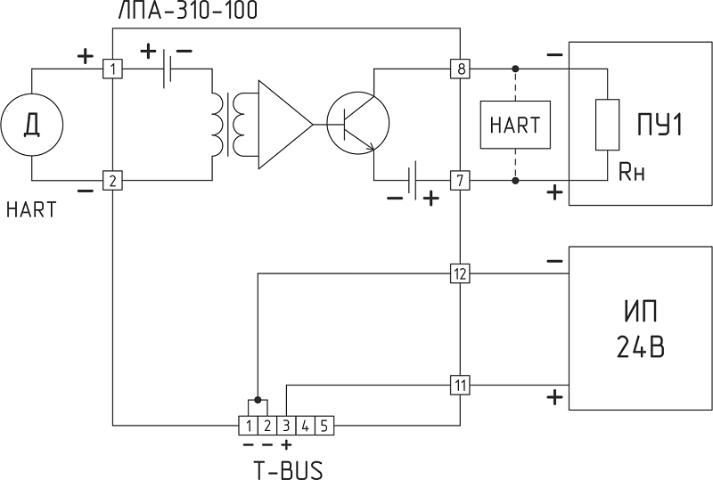 Типовая схема подключения к повторителю ЛПА-310-100 при установке на DIN-рейку